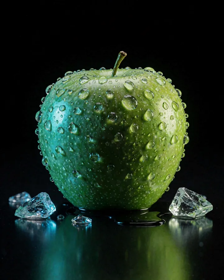 Sour Apple Ice — a frosted green apple on black glass