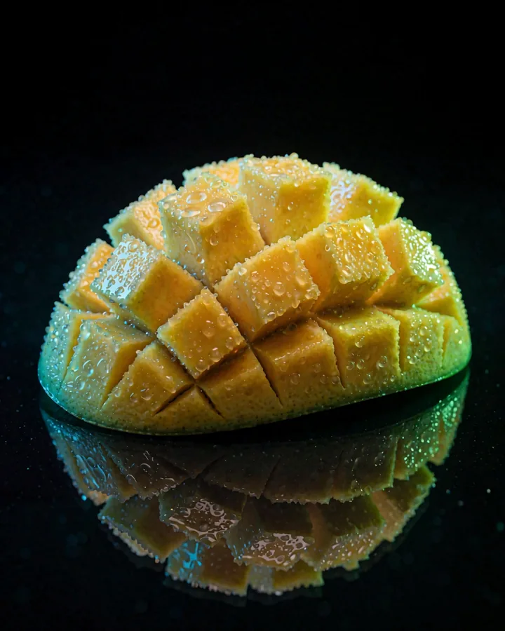 Mango Ice — a scored mango half on black glass