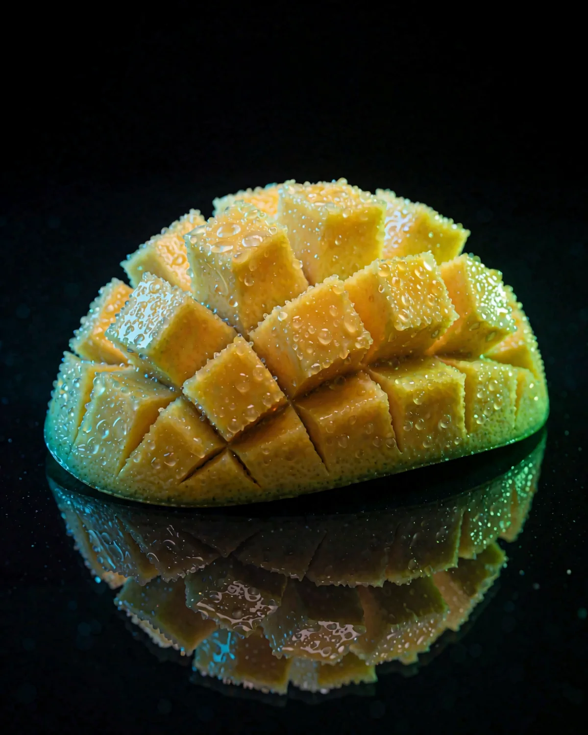 Mango Ice — a scored mango half on black glass