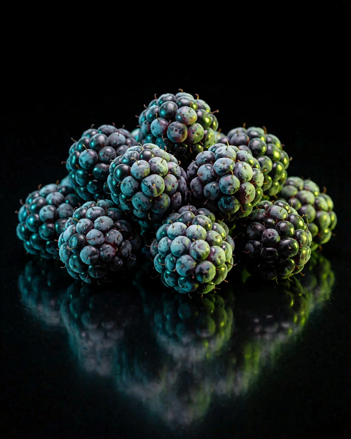 Black Ice — frosted blackberries on black glass