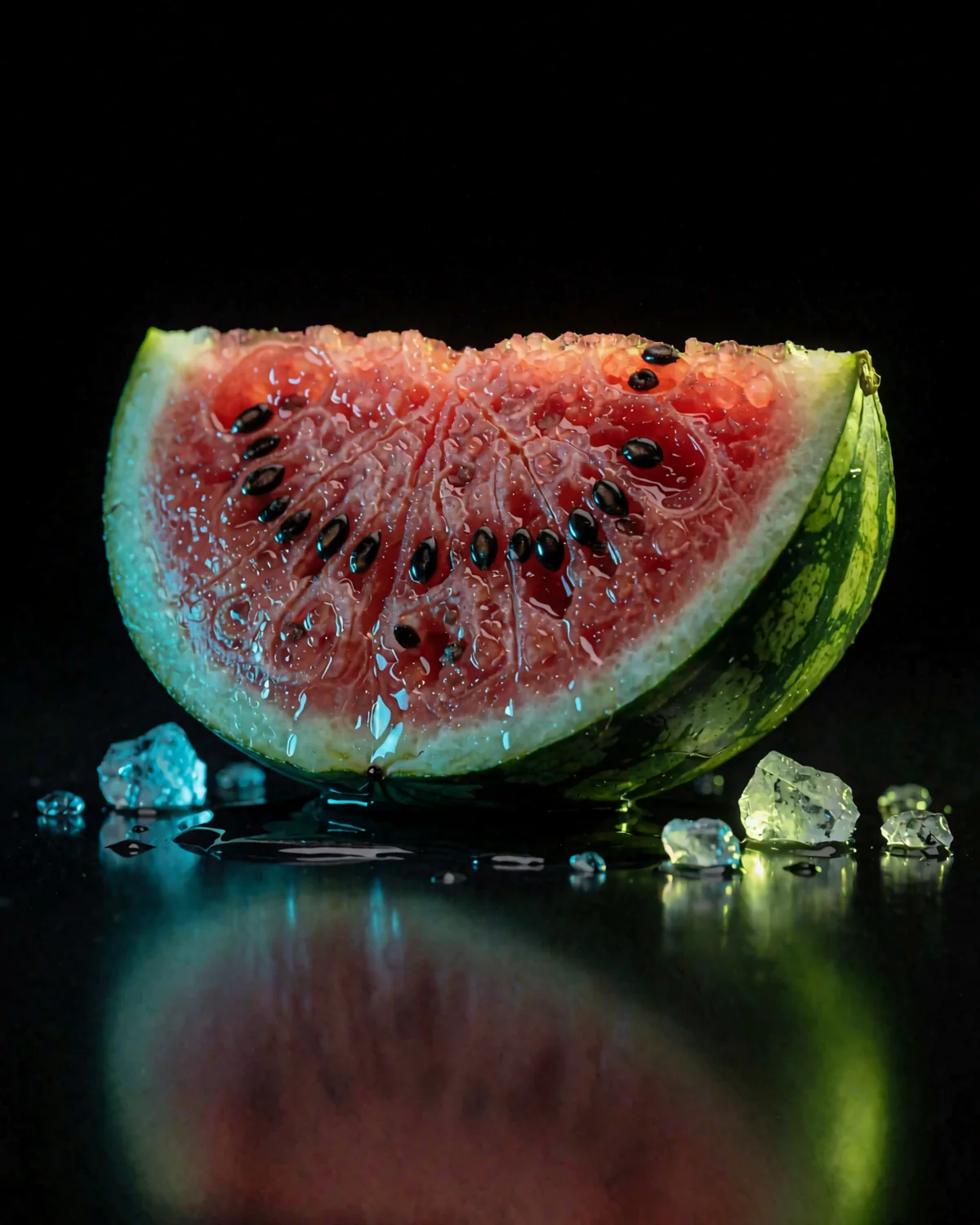 Watermelon Ice — a watermelon wedge with ice on black glass