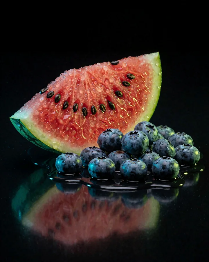 Blueberry Watermelon — a watermelon wedge and blueberries on black glass