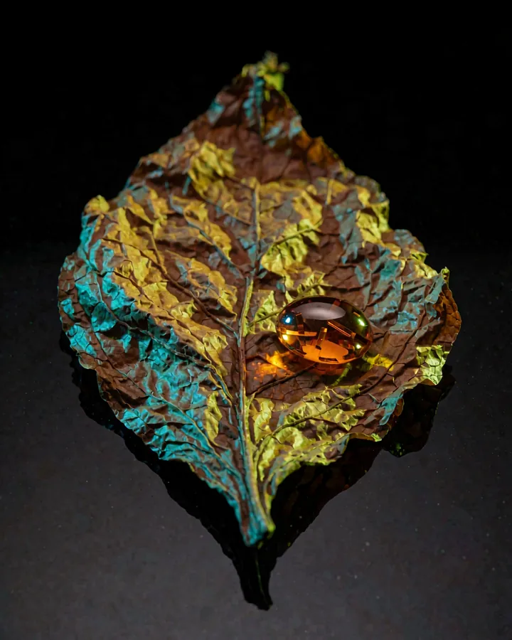 Virginia Tobacco — a cured tobacco leaf with an amber stone on black glass